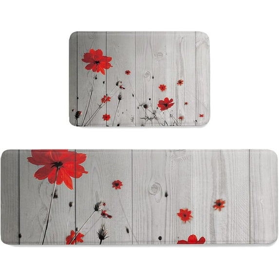 Kitchen Floor Mats, Farmhouse Red Poppy Flower Wood Plank 2 PCS Anti Fatigue Area Runner Rugs Set Blossom Wild Floral Non-Slip Bathroom Comfort Standing Mat Home Decor