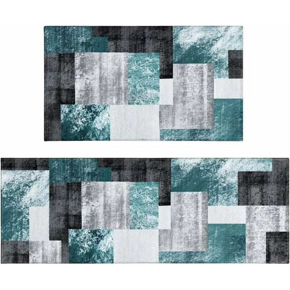 Kitchen Floor Mats Set of Two, Non-Slip Washable Geometric Abstract Area Rug Turquoise Blue and Black Grey Art Painting Style,17"X47"+17"X30",Suitable for Kitchen Dining Room,Home,Sink,Laundry Room