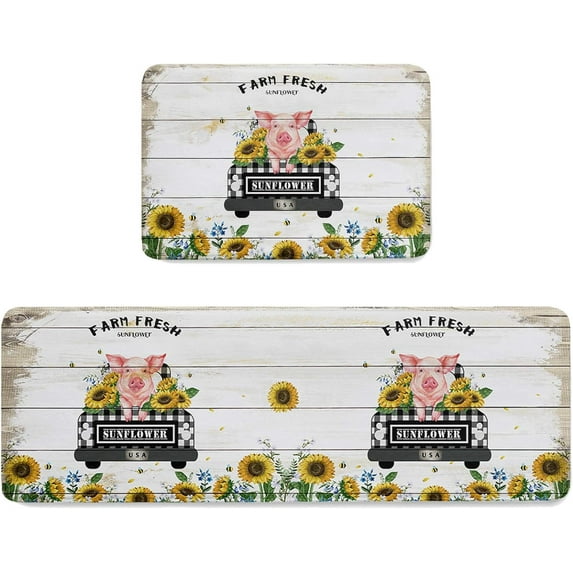 Kitchen Floor Mats, Spring Sunflowers Pink Pig Farm Truck 2 PCS Anti Fatigue Area Runner Rugs Set Plaid Car on Wood Grain Non-Slip Bathroom Comfort Standing Mat Home Decor