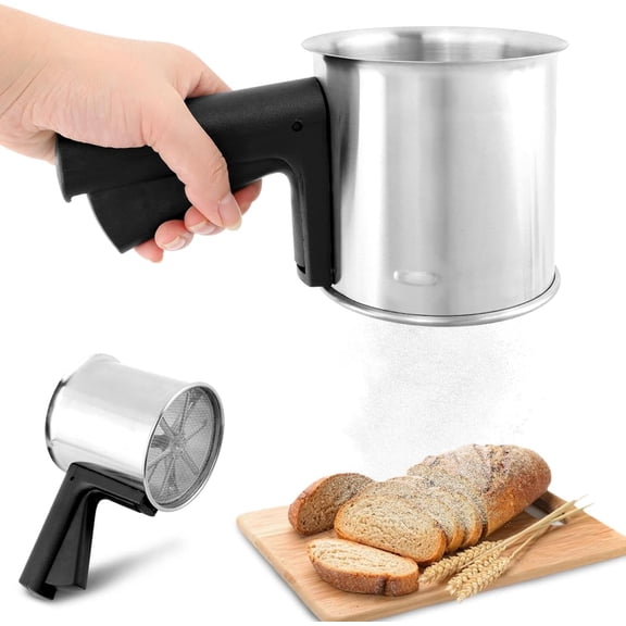 Kitchen Flour Sifter for Baking, 3 Cup Stainless Steel Flour Sifter with Double Layer Fine Mesh, One Hand Press Crank, Hand Crank Squeeze Sifter for Flour Powdered Sugar Baker(COLOR:silver)