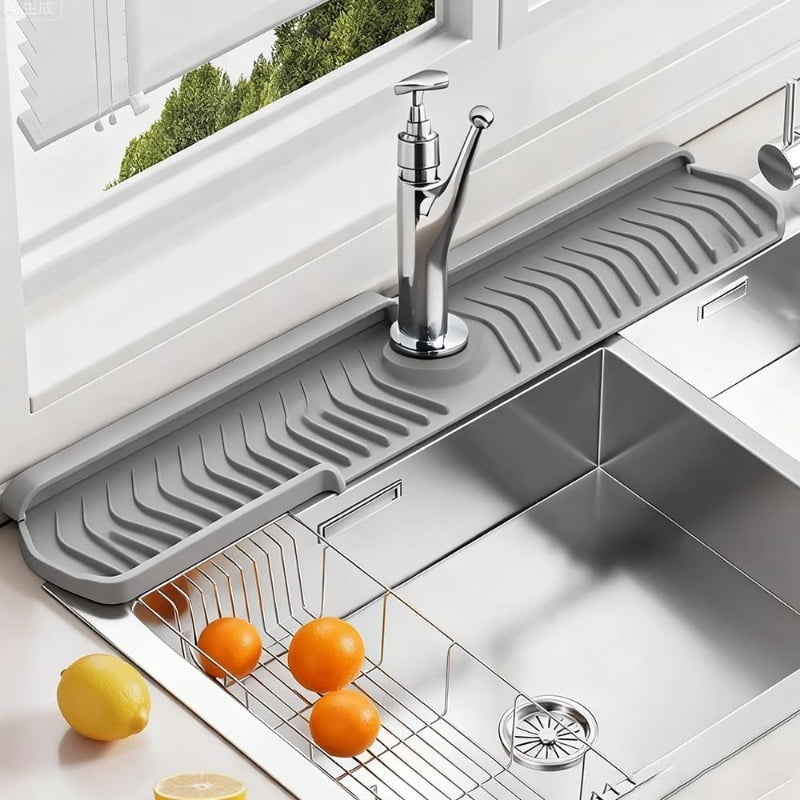 Kitchen Foldable Sink Faucet Mat, 30in Silicone Faucet Guard & Draining Mat Keep Countertops Dry Splash Guard Gray