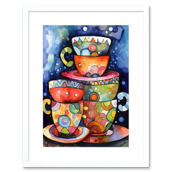 Kitchen Folk Art Mugs And Cups Artwork Framed Print Wall Art 9X7 Inch