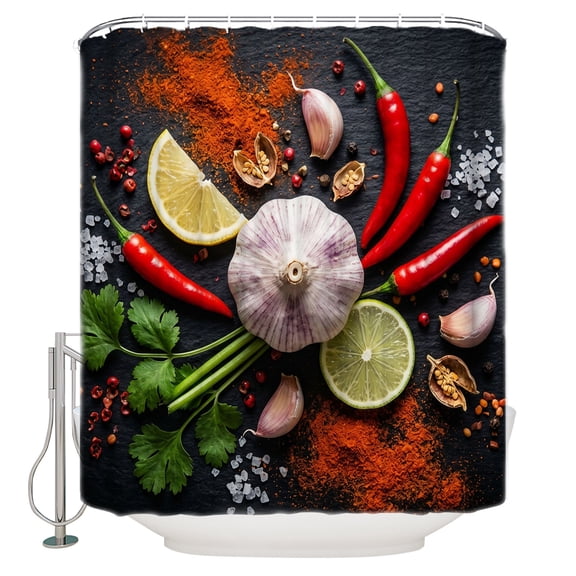 Kitchen Food Bathroom Shower Curtains with 12 Hooks Polyester Waterproof Shower Curtain for Stalls and Bathtubs Garlic Chili Coriander Lemon Vegetable Cooking Decorative Bathroom Curtain 36x78 Inches
