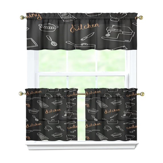 Kitchen Food Cooking Chef 3-Piece Kitchen Curtains Set Kitchen Curtains Sets with Valance for Windows Rod Pocket Machine Washable Kitchen Decor Decorations (54"x18"+2x27.5"x24")