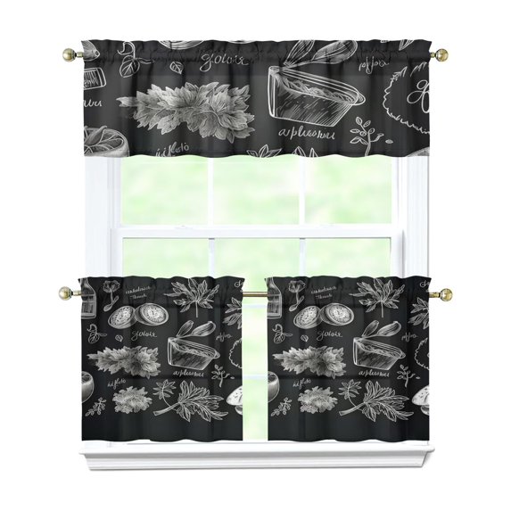 Kitchen Food Cooking Chef 3-Piece Kitchen Curtains Set Kitchen Curtains Sets with Valance for Windows Rod Pocket Machine Washable Kitchen Decor Decorations (54"x18"+2x27.5"x24")