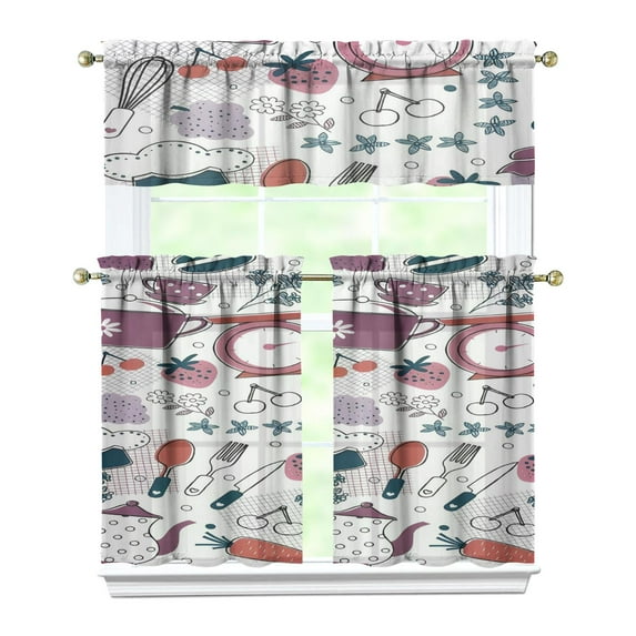 Kitchen Food Cooking Chef Kitchen Curtain Valance 3 Piece Set for Kitchen Curtains and Valance Set Short Curtain Sink Window Decor 36 Inch Small Window Treatment Tier 27.5x36 Length