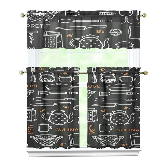 Kitchen Food Cooking Chef Kitchen Curtain Valance 3 Piece Set for Kitchen Curtains and Valance Set Short Curtain Sink Window Decor 36 Inch Small Window Treatment Tier 27.5x36 Length