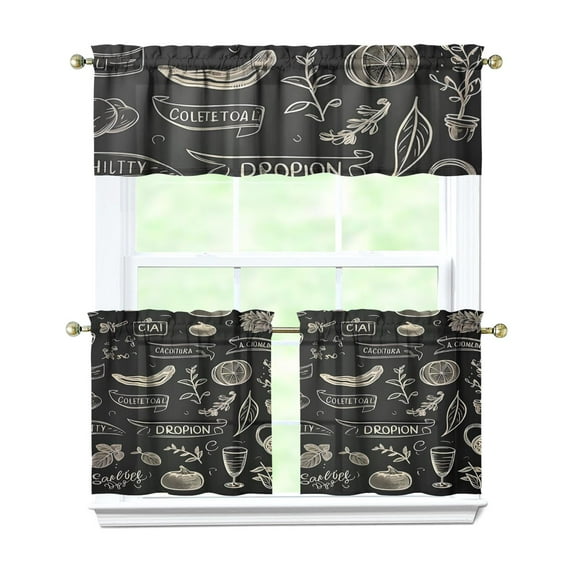 Kitchen Food Cooking Chef Kitchen Curtains and Valances Set - 3 Piece Kitchen Curtains Sets with Valance for Windows Rod Pocket Machine Washable Kitchen Decor Decorations (54"x18"+2x27.5"x24")