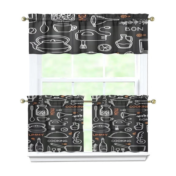 Kitchen Food Cooking Chef Kitchen Curtains and Valances Set - 3 Piece Kitchen Curtains Sets with Valance for Windows Rod Pocket Machine Washable Kitchen Decor Decorations (54"x18"+2x27.5"x24")