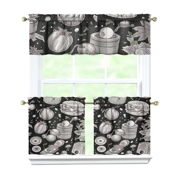 Kitchen Food Cooking Chef Kitchen Curtains and Valances Set - 3 Piece Kitchen Curtains Sets with Valance for Windows Rod Pocket Machine Washable Kitchen Decor Decorations (54"x18"+2x27.5"x24")
