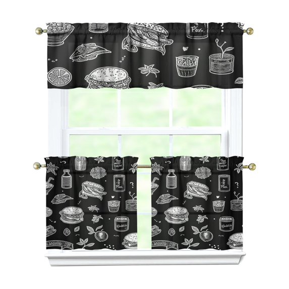 Kitchen Food Cooking Chef Kitchen Curtains and Valances Set - 3 Piece Kitchen Curtains Sets with Valance for Windows Rod Pocket Machine Washable Kitchen Decor Decorations (54"x18"+2x27.5"x24")
