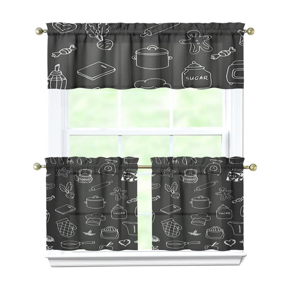 Kitchen Food Cooking Chef Kitchen Curtains and Valances Set - 3 Piece Kitchen Curtains Sets with Valance for Windows Rod Pocket Machine Washable Kitchen Decor Decorations (54"x18"+2x27.5"x24")