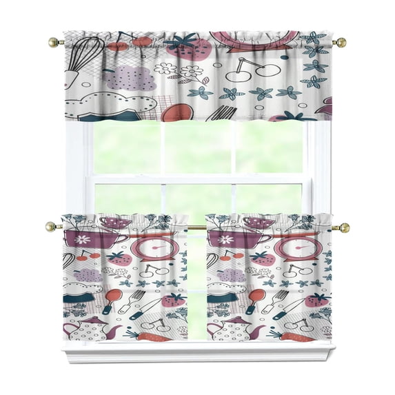 Kitchen Food Cooking Chef Kitchen Curtains and Valances Set - 3 Piece Kitchen Curtains Sets with Valance for Windows Rod Pocket Machine Washable Kitchen Decor Decorations (54"x18"+2x27.5"x24")