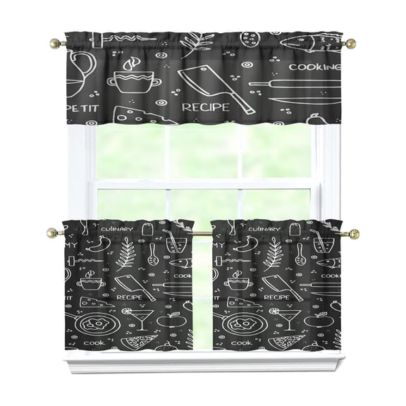 Kitchen Food Cooking Chef Kitchen Curtains and Valances Set - 3 Piece Kitchen Curtains Sets with Valance for Windows Rod Pocket Machine Washable Kitchen Decor Decorations (54"x18"+2x27.5"x24")