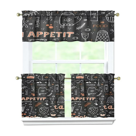 Kitchen Food Cooking Chef Kitchen Curtains and Valances Set - 3 Piece Kitchen Curtains Sets with Valance for Windows Rod Pocket Machine Washable Kitchen Decor Decorations (54"x18"+2x27.5"x24")