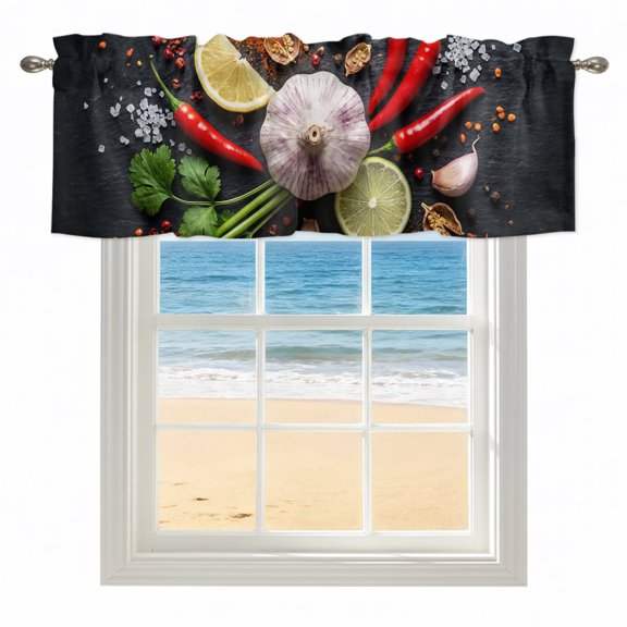 Kitchen Food Kitchen Valances for Windows 54x18 Inch Kitchen Curtains Valances Rod Pocket Garlic Chili Coriander Lemon Vegetable Cooking Bathroom Window Valances for Window Treatment Decor