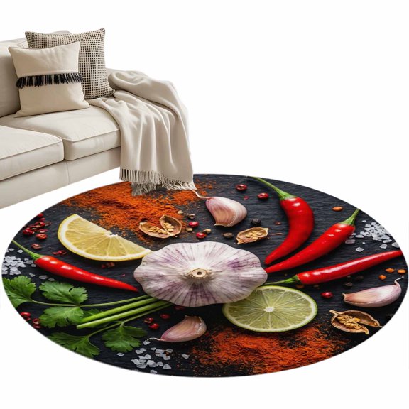 Kitchen Food Round Rug 3ft Washable Circle Entryway Rugs Non Slip Garlic Chili Coriander Lemon Vegetable Cooking Area Rug Indoor Carpet for Bedroom Kitchen Living Room Office Dining Room Nursery