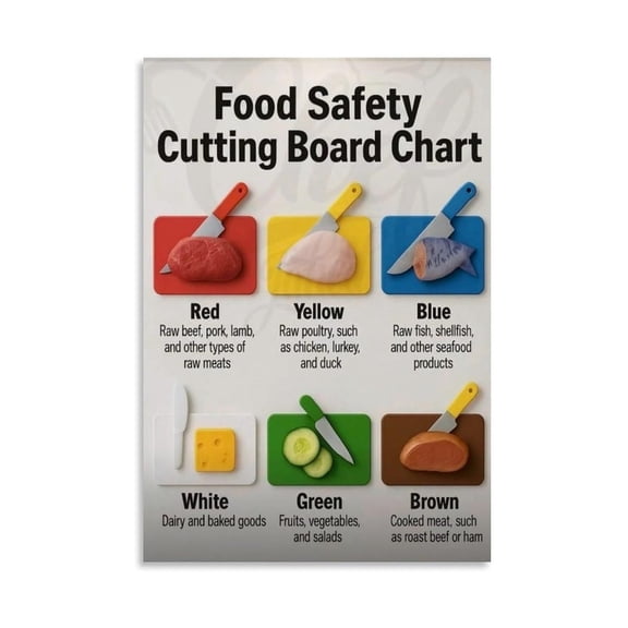 Kitchen Food Safety Poster Color Coded Cutting Board Chart with Red Meat Yellow Chicken Green Veggies to Prevent Cross Contamination Educational Canvas Painting Wall Art
