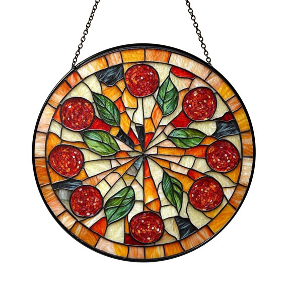 Kitchen Food Stained Glass Style Suncatcher Window Decor, Pizza Art Design, Decorative Glass Style Window Hanging for Casual Home Interior