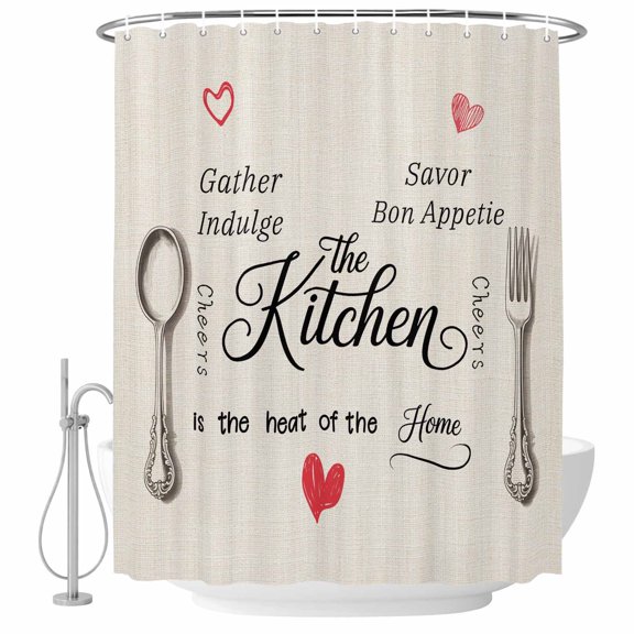 Kitchen Fork Spoon Bathroom Shower Curtains with Hooks, Cooking Tools Text Linen Red Heart Waterproof Fabric Washable Shower Curtain for Home Hotel Bathtub Decor 36x72 Inch