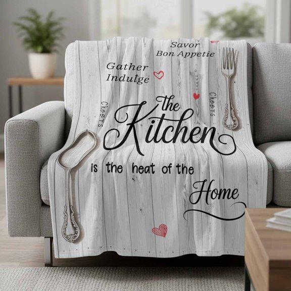 Kitchen Fork Spoon Fleece Throw Blanket Cooking Tools Red Heart Wood Grain Ultra Soft Fuzzy Cozy Flannel Throw Blanket for Couch Sofa Bed Car Travel, Ideal Gifts 30x40 Inches