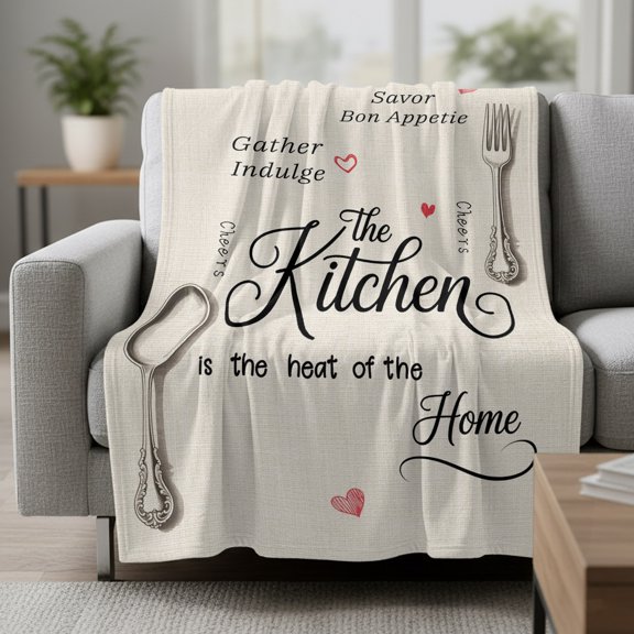 Kitchen Fork Spoon Fleece Throw Blanket Cooking Tools Text Linen Red Heart Ultra Soft Fuzzy Cozy Flannel Throw Blanket for Couch Sofa Bed Car Travel, Ideal Gifts 30x40 Inches