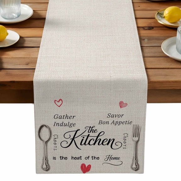 Kitchen Fork Spoon Table Runner, Cooking Tools Text Linen Red Heart Kitchen Table Runners Dress Scarves for Table Decorations Party/Restaurant/Indoor Outdoor Use, 13x120in