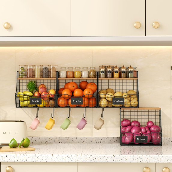 Kitchen Fruit Basket with Lid, Counter & Wall Mounted, Potato & Onion Storage, Metal Wire Fruit & Vegetable Storage, Snack Organizer (4 Pack - Small & Large)