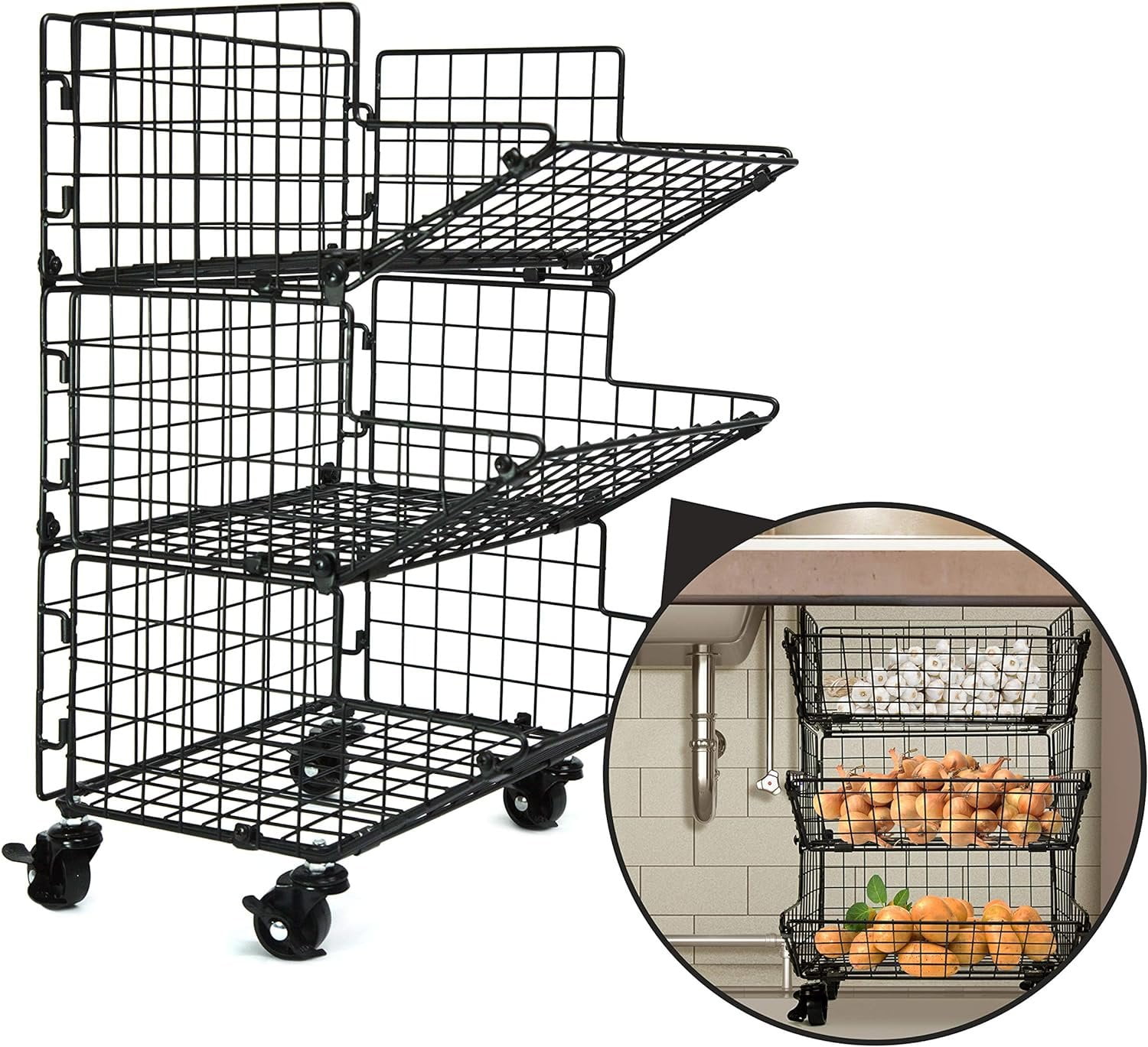 B.N.D TOP 3Tier Kitchen Fruit Basket Stand with Wheels, Under Sink