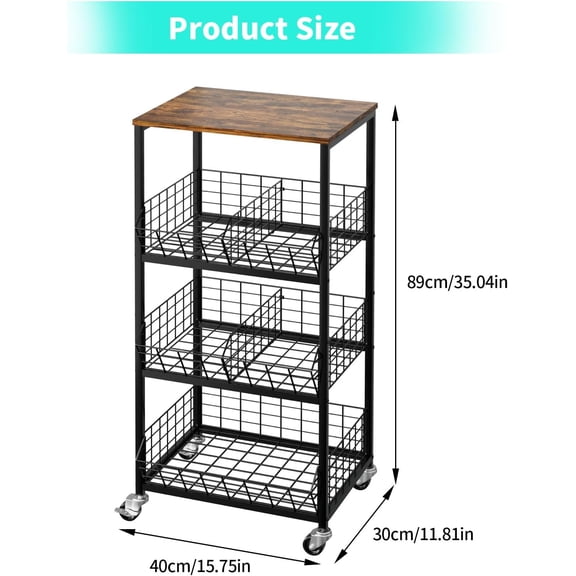 Kitchen Fruit Vegetable Cart - 4 Tier Rolling Storage Rack with Wheels and Dividers, Coffee Station Cart Rack Shelf Organizer for Onion, Potato, Snack, Fruit, Vegetable Storage Stand, Black