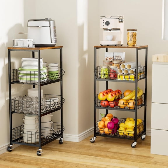 Kitchen Fruit Vegetable Cart - Rolling Storage Rack with Wheels and Dividers, Cart Rack Shelf Organizer for Onion, Potato, Snack, Fruit, Vegetable Storage Stand, Black