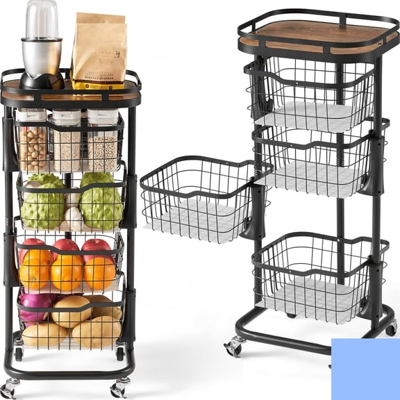 Kitchen Fruit Vegetable Storage Cart with One-Piece Rotating Basket, Pantry Organizer Shelf Rack Floor Stand for Veggie Onion Potato Produce Spice, Rolling Snack Cart on Wheels
