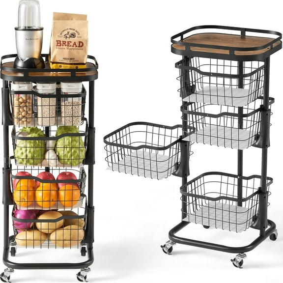 Kitchen Fruit Vegetable Storage Cart with One-Piece Rotating Basket, Pantry Organizer Shelf Rack Floor Stand for Veggie Onion Potato Produce Spice, Rolling Snack Cart on Wheels