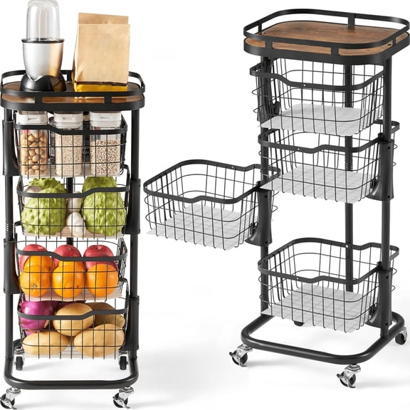 Kitchen Fruit Vegetable Storage Cart with Rotating Basket, Rolling Rack Shelf Organizer Floor Stand on Wheel for Snack Spice Produce Veggie Onion Potato Bin, Vianderos Para Cocina