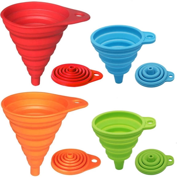 Kitchen Funnel Set 4 Pack, Kitchen Gadgets Accessories Foldable Silicone Collapsible Funnels for Filling Water Bottle Liquid Transfer Food Grade
