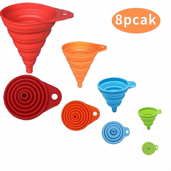 Kitchen Funnel Set 8 Pack, XLLM and S, Kitchen Gadgets Accessories Foldable Silicone Collapsible Funnels for Filling Water Bottle Liquid Transfer Food Grade