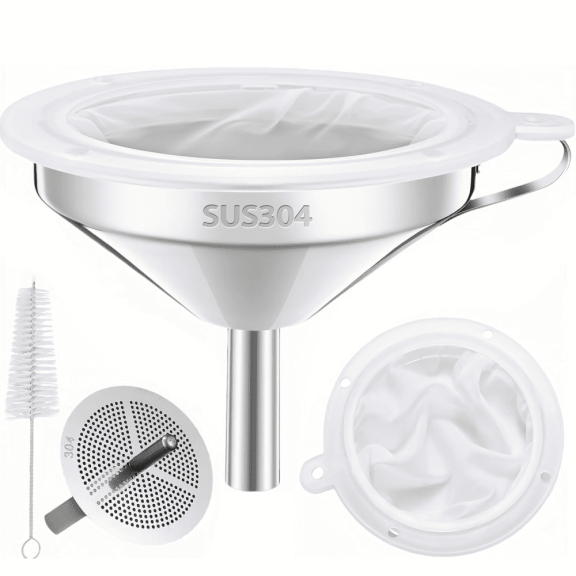 Kitchen Funnel for Filling Bottles, Food Grade 18/8 Stainless Steel Kitchen Funnel with 200 Mesh Filter Strainer For Oil Grease Juice Milk Coffee