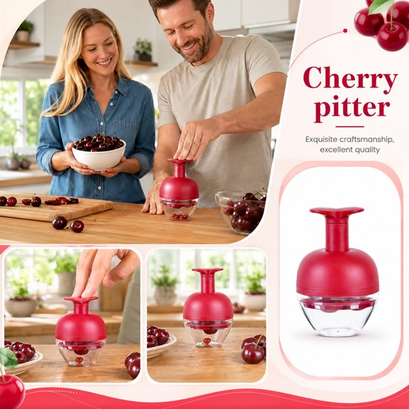 Kitchen Gadget, Handheld Cherry Pitter, Olive Seed Remover, Baking Prep and Jam Making Fruit Prep Tool, 6X4X4 Inch Red Cherry Stoner, Push Type Hand Press Corer with Clear