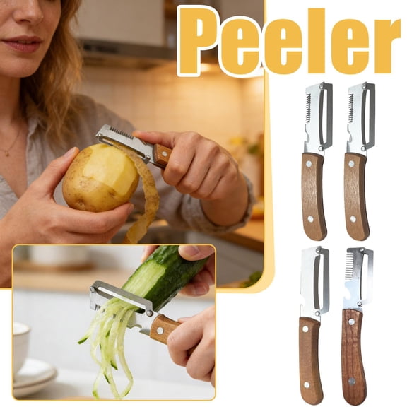 Kitchen Gadget Peeler Pack, Multifunctional Vegetable Peeler with Wooden Handle, Julienne Vegetable Peelers Slicer, Stainless Steel Peeler Model, 4-Count 8-Inch Zero-Snag Wooden
