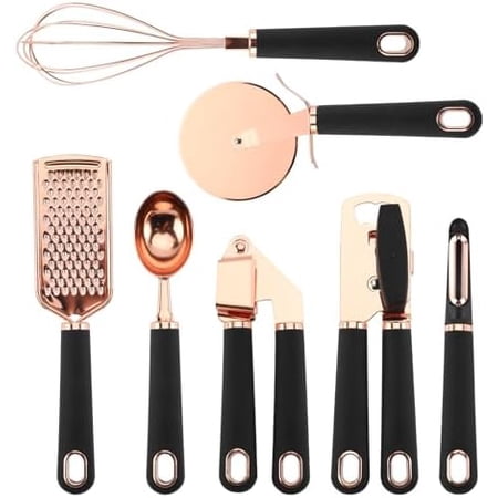 Kitchen Gadget Set Copper Plated Stainless Steel Utensils with Soft Touch Handles, Copper Black, 7 Pieces