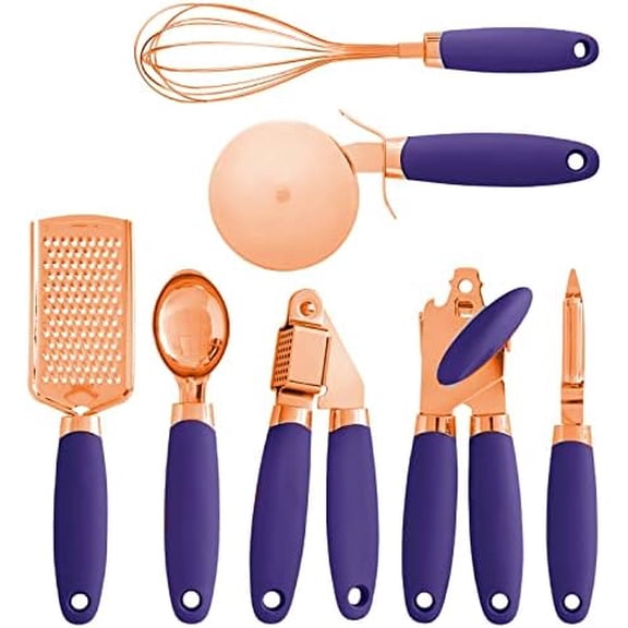 Kitchen Gadget Set Copper Plated Stainless Steel Utensils with Soft Touch Handles, Copper Lavender, 7 Pieces