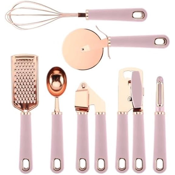Kitchen Gadget Set Copper Plated Stainless Steel Utensils with Soft Touch Handles, Copper Pink, 7 Pieces