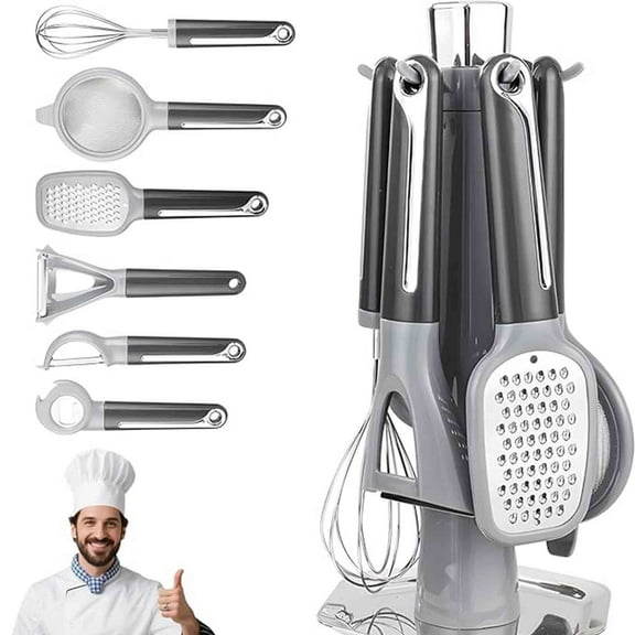 Kitchen Gadget Set,Vegetable Peeler Storage Stand,Multi Tool Kit Includes Bottle Opener Peeler Grater Whisk Sifter,for Home Cooking Gray