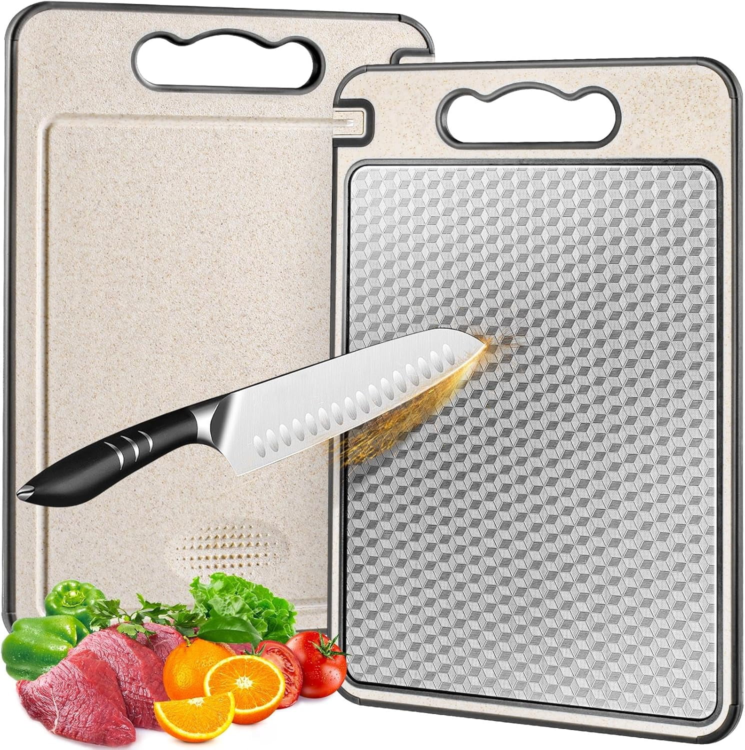 Kitchen Gadgets Clearance! Jirte Stainless Cutting Board for Kitchen Double Non Slip Scratch Mesh Design with Juice Food Grade Wheat Pp Large Chopping Board Silver, 1 Stainless Steel Cutting Board