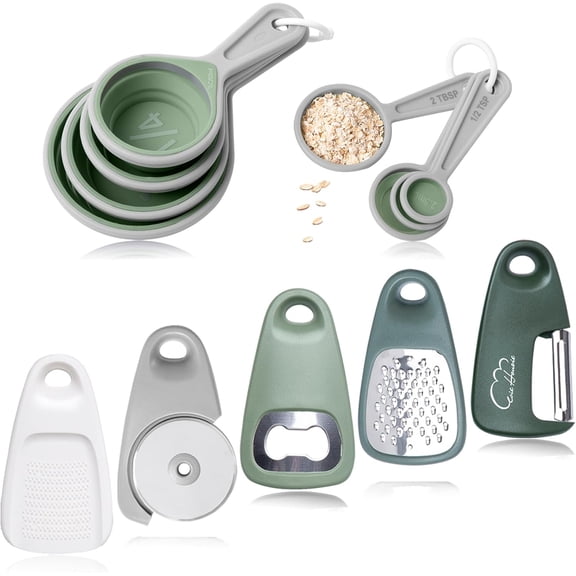 Kitchen Gadgets Set 13 Piece, Space Saving, RV Essentials, Green | Space Saving Cooking Tools, Collapsible Measuring Cups, Measuring Spoons, Stackable Kitchen Gadgets for Small Space