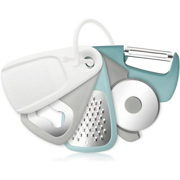 Kitchen Gadgets Set, 5PCS Cooking Utensils Set Cheese Grater, Bottle Opener, Pizza Cutter, Fruit/Vegetable Peeler, Garlic/Ginger Grinder for Camping, Kitchen Accessories Space Saving Cooking Tools