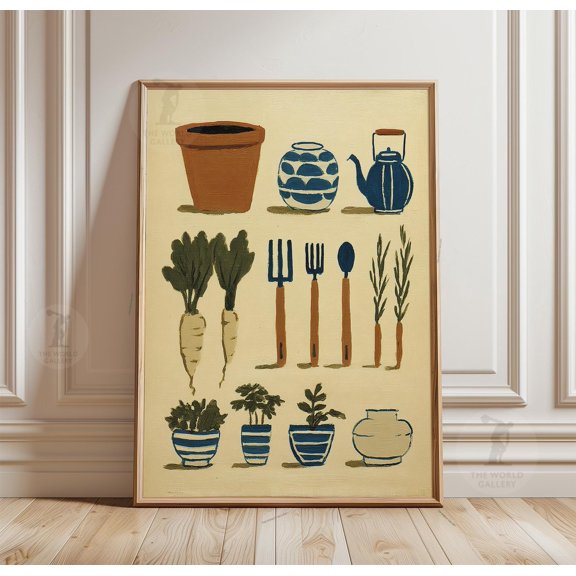 Kitchen Garden Poster, Vegetables Utensils Folk Style Wall Art Print, Poster Only