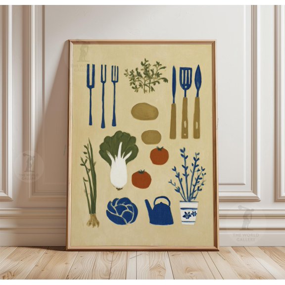 Kitchen Garden Poster, Vegetables Utensils Folk Style Wall Art Print, Poster Only