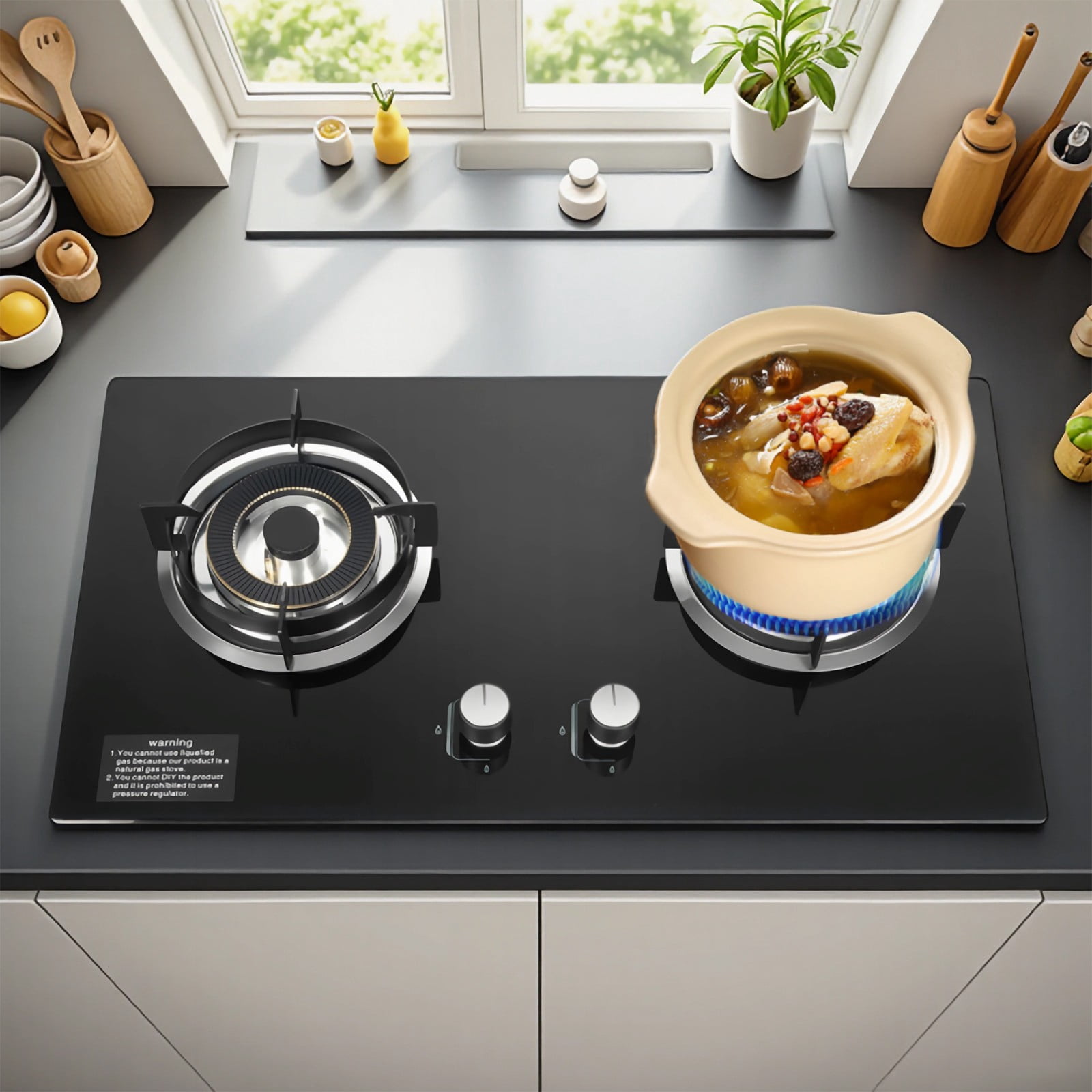 Kitchen Gas Cooktop Stove Top 2 Burners Tempered Glass Built-In NG Black 4.2KW (Left), 5.2KW (Right) 28.74*16.14*6.69in for Home Kitchens, Homestays
