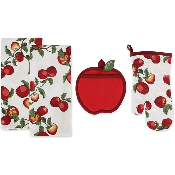 Kitchen Gift Set Collection, Pot Holder, Oven Mitt & 2 Dish Towels, Apple Orchard, 4 Piece